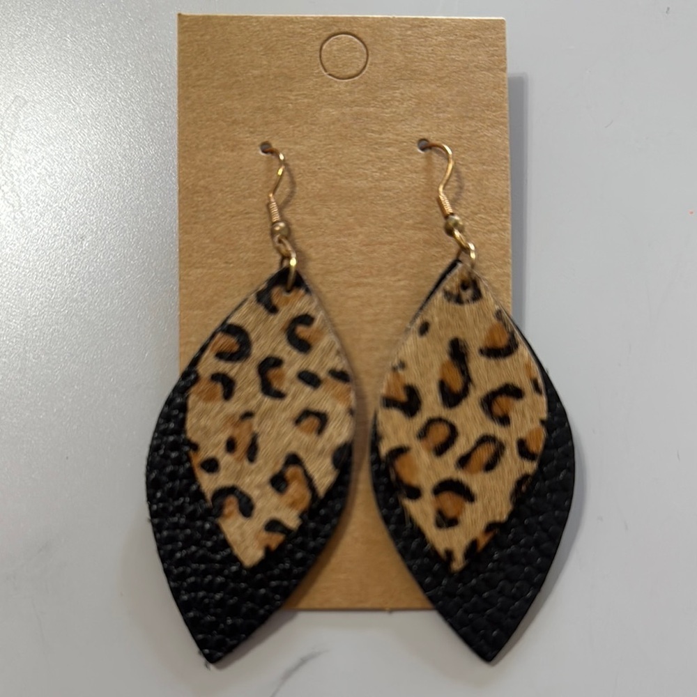 Leopard Print and Black Leaf Earrings